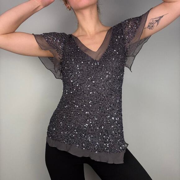 Silk beaded sequin statement top v neck formal size small Liz Jordan - Picture 5 of 8
